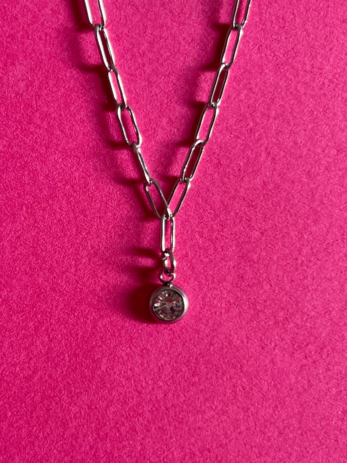 silver paperclip pendant with rhinestone charm
